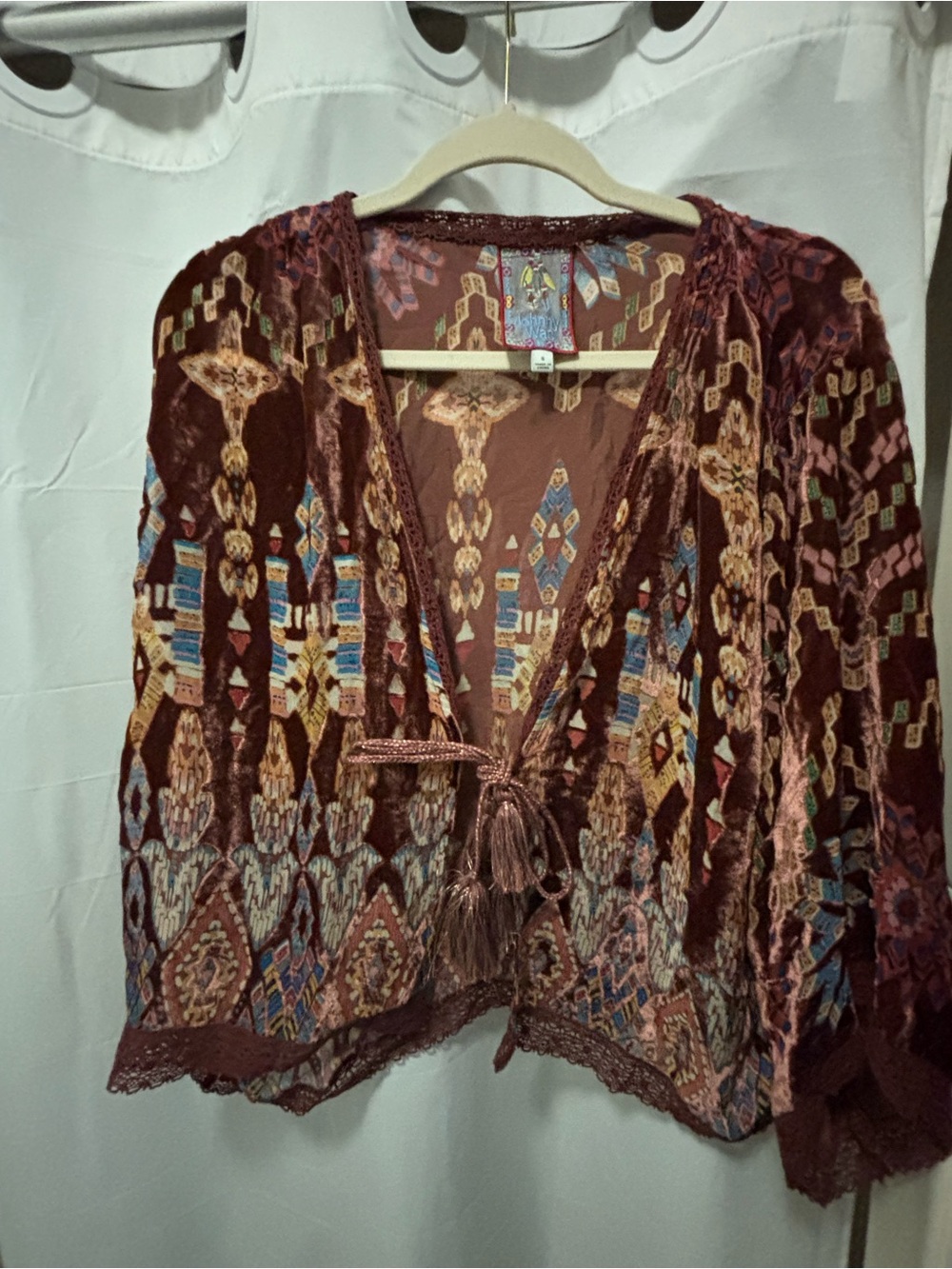 Johnny Was Burgundy Velvet Boho Kimono with Multicolor Geo Print